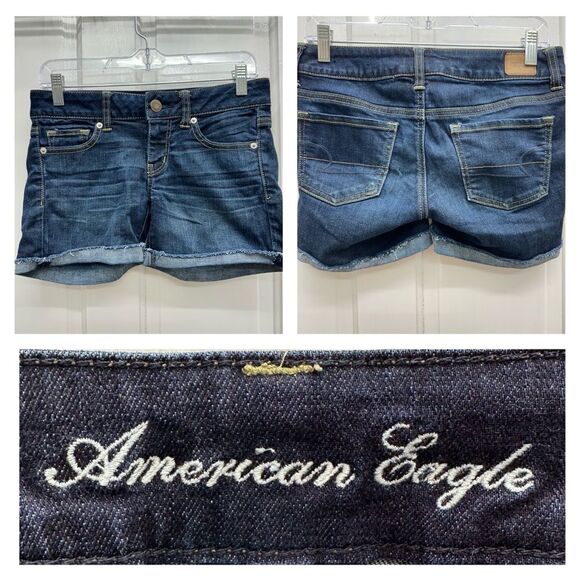 American Eagle Outfitters Pants - American Eagle stretch dark wash raw frayed hem denim jean‎ shorts women's 4